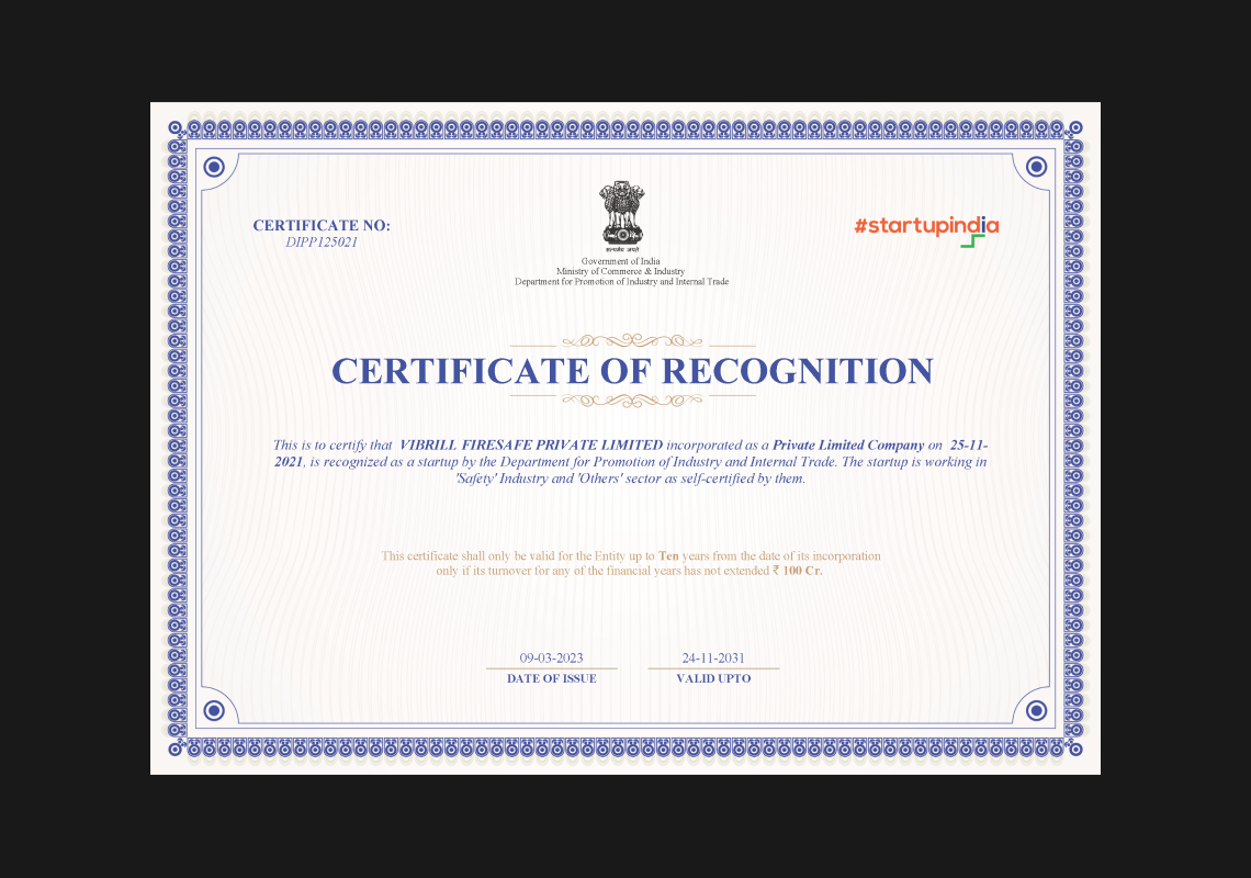 Certificate Of Recognition From Startupindia